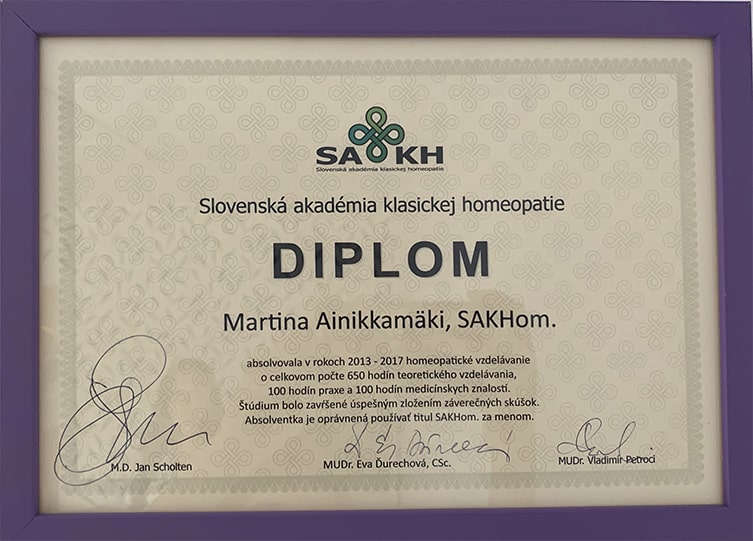 Diplom o absolvovaní homeopatického vzdelávania
